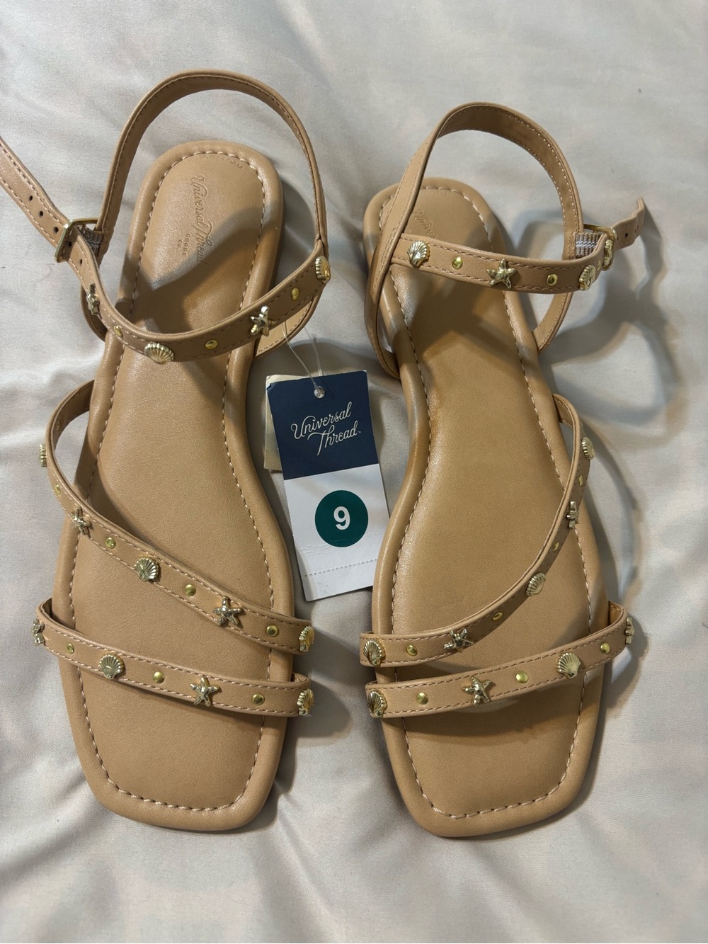 Universal Thread Nude Tan Strappy Sandals with Gold Star & Stud Accents